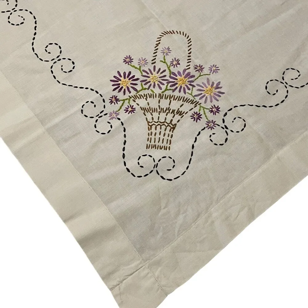 Vtg Hand Embroidered Tablecloth Flower Basket Floral Cottage Farm 49x49.5”